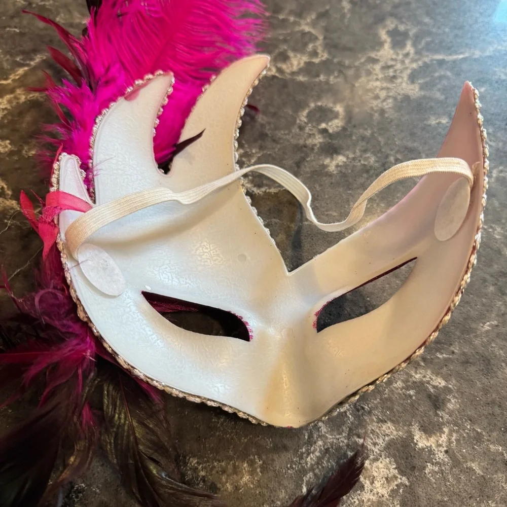 Party Mask/ Feather Masquerade Mask (Silver/Hot Pink)